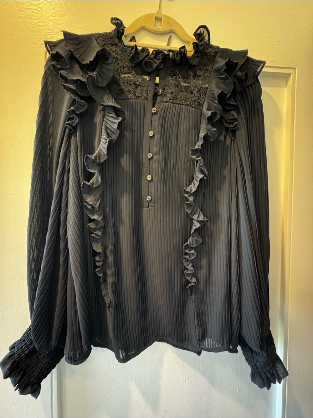 Anthropologie Navy Blue Ruffled Lace-Yoke Pleated Blouse